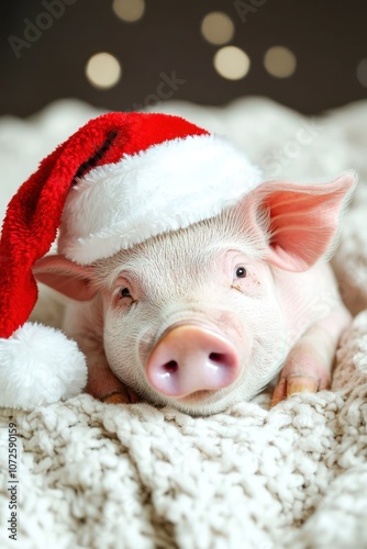 Christmas Pig in Santa Hat - A happy pig wearing a Santa Claus hat lies on a white blanket, celebrating Christmas and New Year.