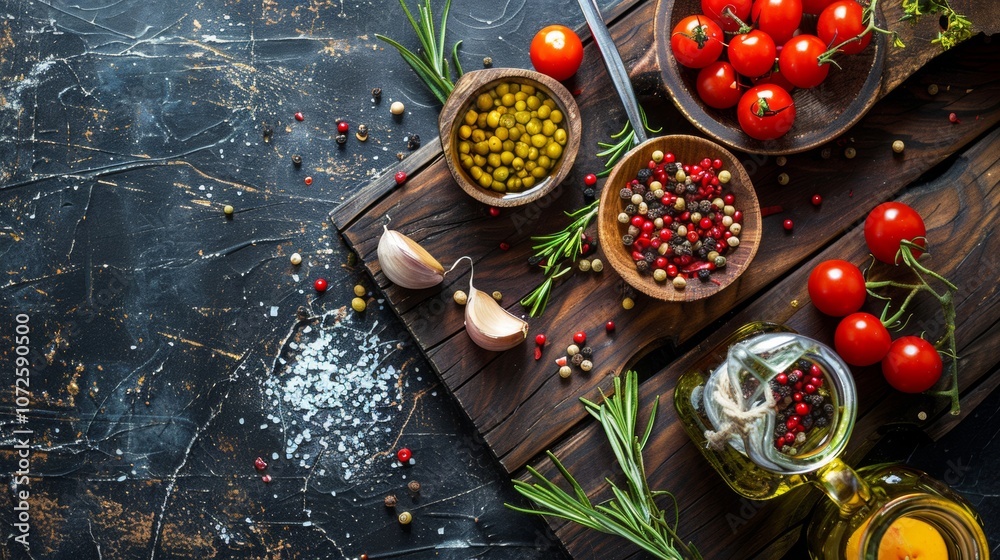 Rustic food ingredients on wooden cutting board Rustic food ingredients on wooden cutting board