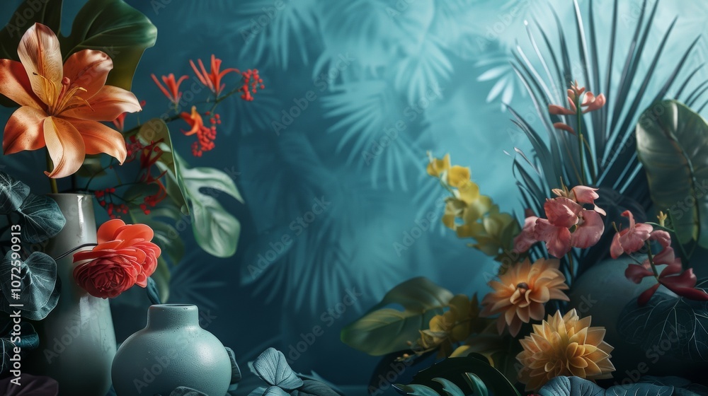 Colorful tropical flower arrangement against teal background Colorful tropical flower arrangement against teal background