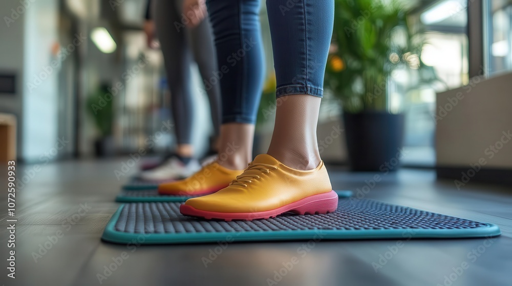 Fototapeta premium A shot of employees using antifatigue mats while working on their feet, Ergonomics, Comfortable and supportive