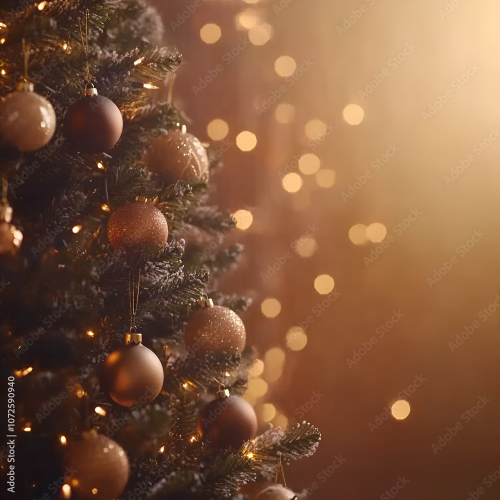 Fototapeta premium Beautifully Decorated Christmas Tree With Glowing Ornaments Indoors - warm holiday ambiance with subtle glowing lights in the background.