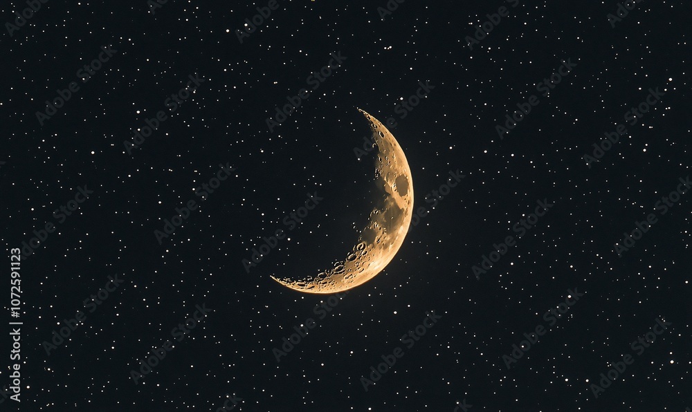 A crescent moon shines brightly in the night sky, surrounded by countless twinkling stars. A crescent moon shines brightly in the night sky, surrounded by countless twinkling stars.