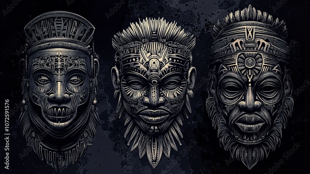 African masks of savages in an engraving style vector African masks of savages in an engraving style vector