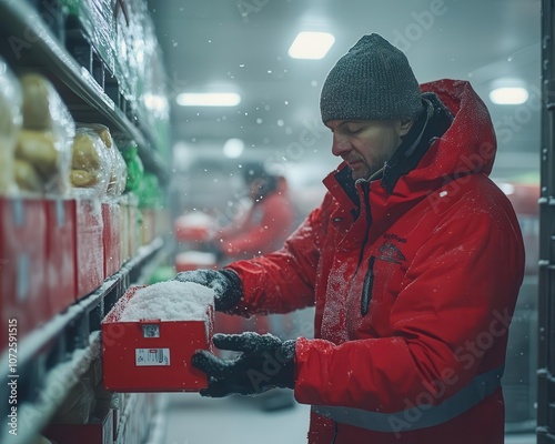 A shot of workers handling perishable goods in a cold storage area, Cold Storage, Careful and temperaturecontrolled photo