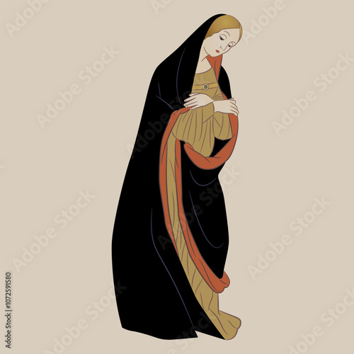 Holy Virgin Mary. Christian saint lady. Pious medieval woman. 