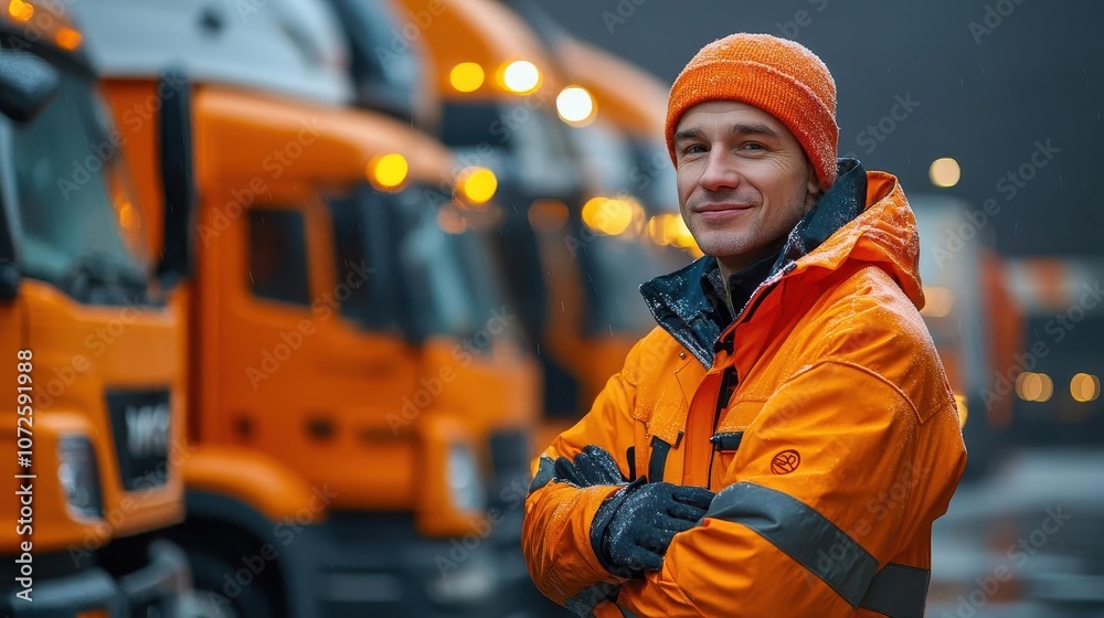A team performing predeparture checks on a fleet of delivery trucks, Safety, Organized and practical A team performing predeparture checks on a fleet of delivery trucks, Safety, Organized and practical