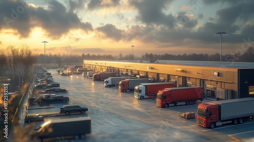 A wideangle shot of a truck stop with longhaul trucks lined up, Logistics Hub, Expansive and organized photo