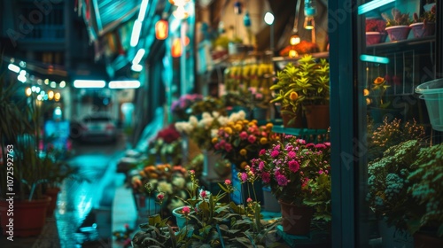 Flower market at night with colorful lights and potted plants