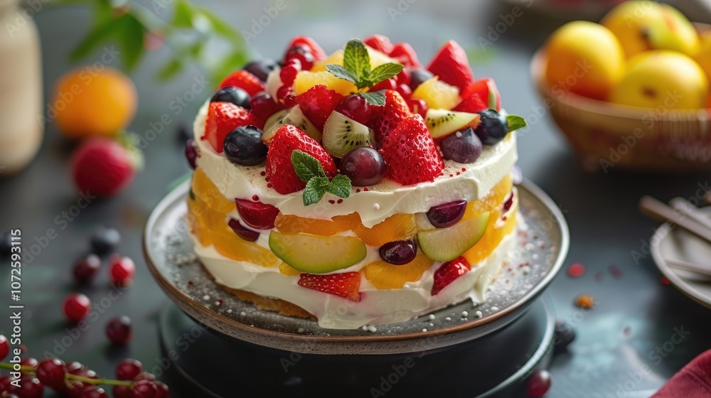 Layer cake with fruits for Chinese New Year celebration Layer cake with fruits for Chinese New Year celebration