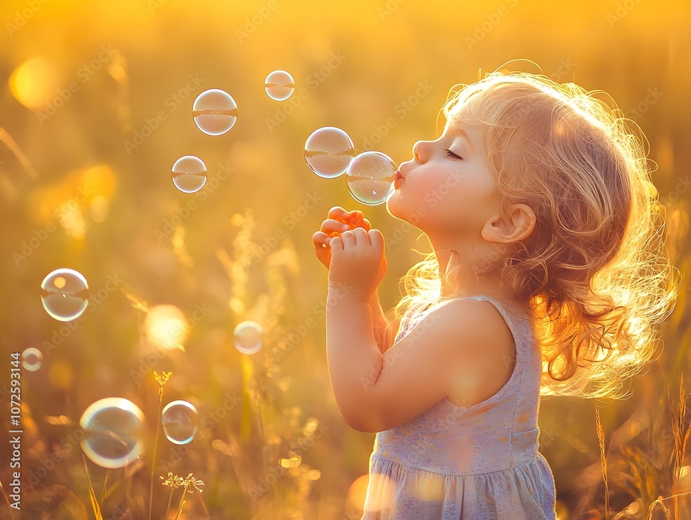 A child blowing soap bubbles in the air on a meadow A child blowing soap bubbles in the air on a meadow