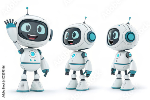 Set of Ai chatbot 3D render. Neural cute mascot in various pose, robot waving hand. Smart robotic character. Isolated vector illustration. Help assistance, artificial intelligence support device.