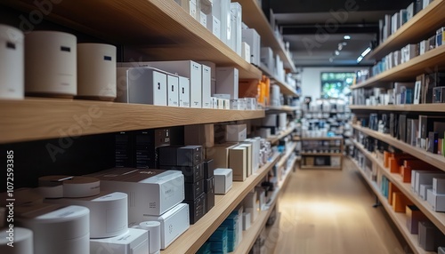 A wideangle view of smart shelves with sensors monitoring inventory levels, Technology, Hightech and organized photo