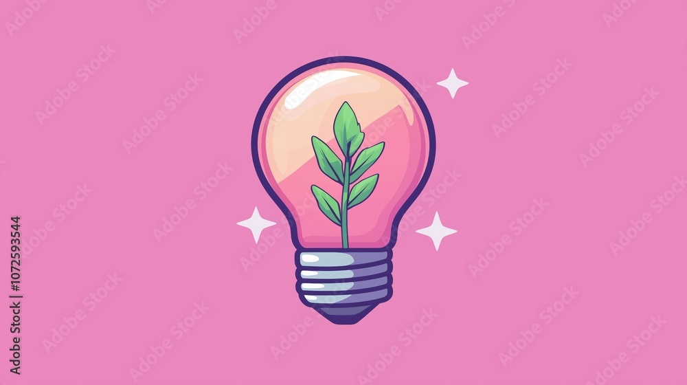 Illustrated lightbulb with a plant inside on pink background, symbolizing eco-friendly ideas Illustrated lightbulb with a plant inside on pink background, symbolizing eco-friendly ideas