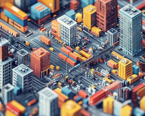 A wideangle view of urban logistics routes with various transport methods, LastMile, Diverse and busy photo