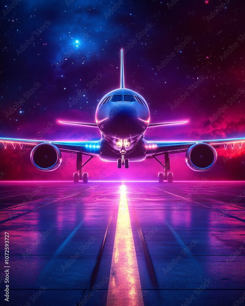 futuristic airplane with neon runway lights at night futuristic airplane with neon runway lights at night