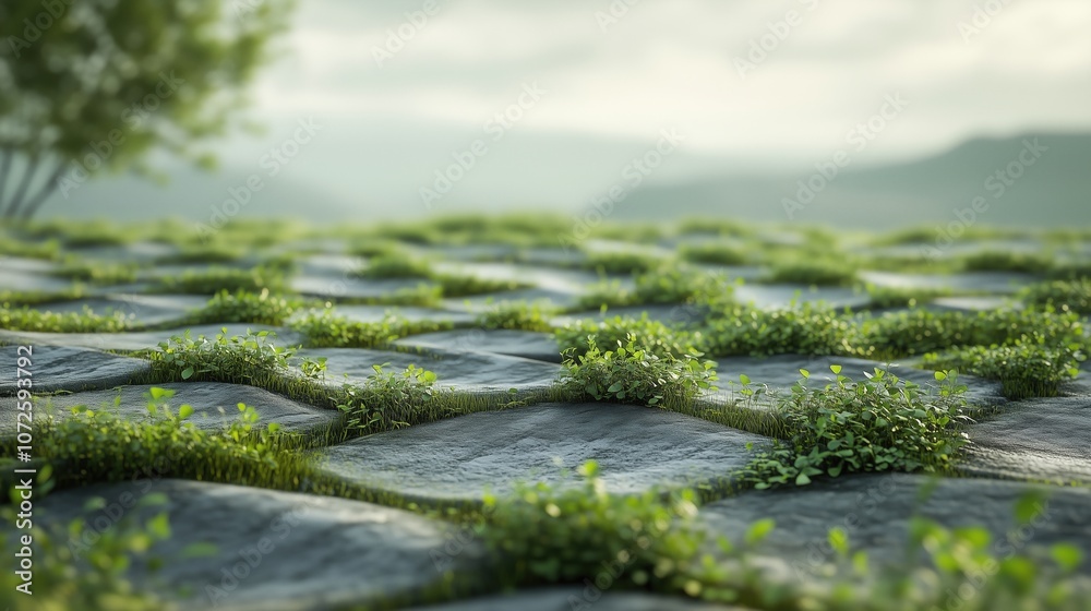 Green plants growing on modular tiles in outdoor setting, sustainable design concept Green plants growing on modular tiles in outdoor setting, sustainable design concept