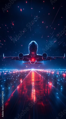futuristic airplane with neon runway lights at night