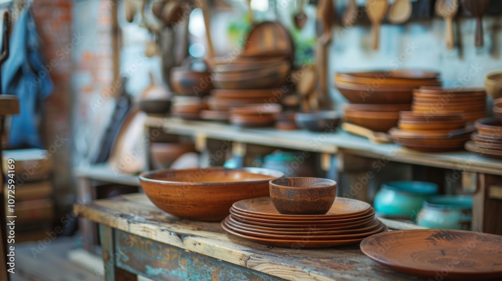 Fototapeta premium Beautiful Rustic Wooden Bowls and Plates Gracefully Displayed in a Charming Craft Workshop Environment