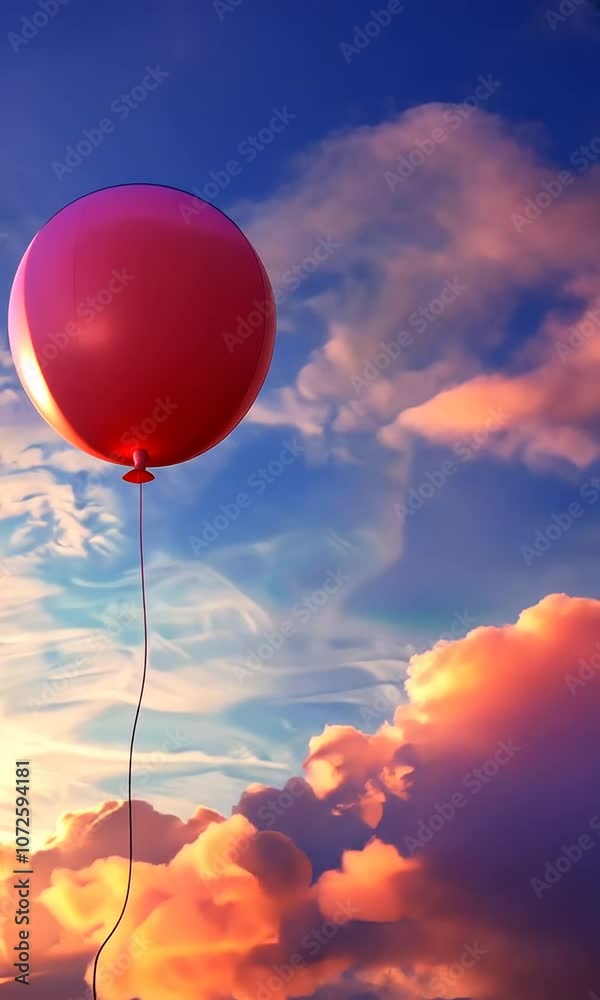 Red balloon floating in vibrant sunset sky, whimsical and dreamy atmosphere