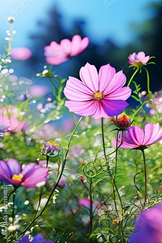 Stunning display of pink cosmos flowers under bright blue sky. Sunlight highlights delicate petals, creating serene atmosphere. Ideal for botanical, summer, outdoor photography projects,greeting card