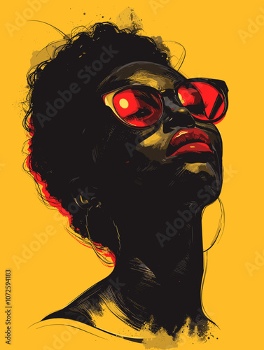 Vector illustration of a girl's face in red sunglasses on a yellow background.