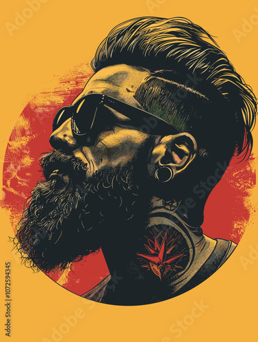 Man with a beard and sunglasses is the main subject of the image. The man is wearing a yellow shirt and has a tattoo on his neck. Scene is casual and relaxed, with the man looking cool and confident