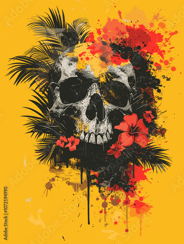 Skull with tropical flowers on grunge background. Vector illustration.