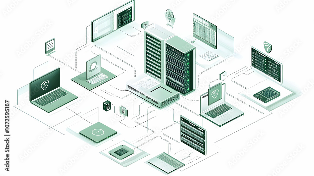Illustration of EDR (Endpoint Detection and Response) Cybersecurity Technology Demonstration – Central Security System Analyzing and Responding to Threats in Real-Time Across Multiple Devices