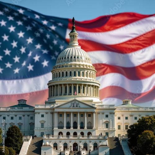 A stunning image of the U.S. Capitol with the American flag in the background, ideal for political themes, patriotism, and government-related projects
