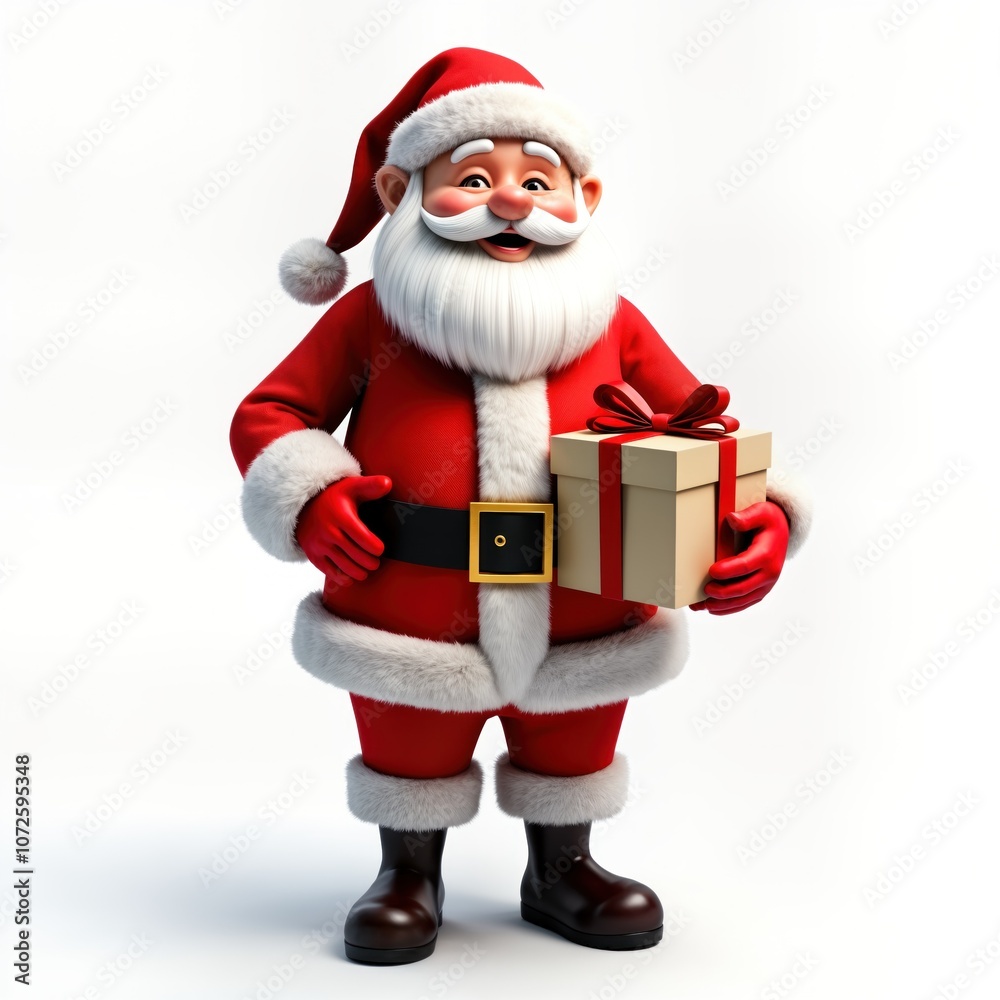 Santa Claus holds gift box with red ribbon. He is wearing red suit with white trim, black belt and red gloves. Santa smiles and looks at the camera. Christmas gift for New Year holiday. Santa Claus holds gift box with red ribbon. He is wearing red suit with white trim, black belt and red gloves. Santa smiles and looks at the camera. Christmas gift for New Year holiday.
