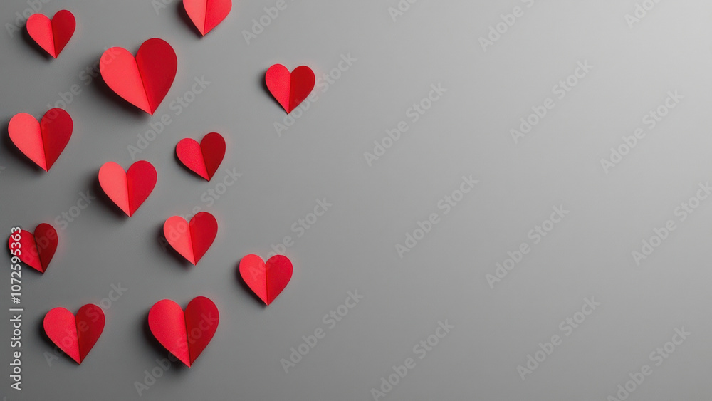 Colorful paper hearts on gray background create romantic atmosphere Colorful paper hearts on gray background create romantic atmosphere