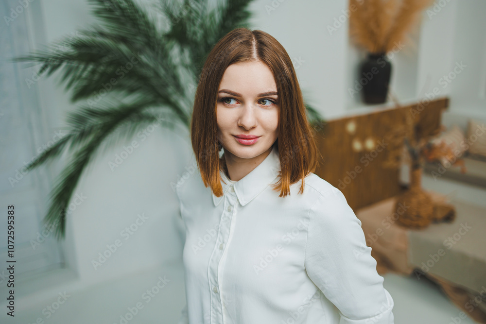 A cute woman is standing in a bright room at home. Woman in casual clothes relaxing at home. A cute woman is standing in a bright room at home. Woman in casual clothes relaxing at home.