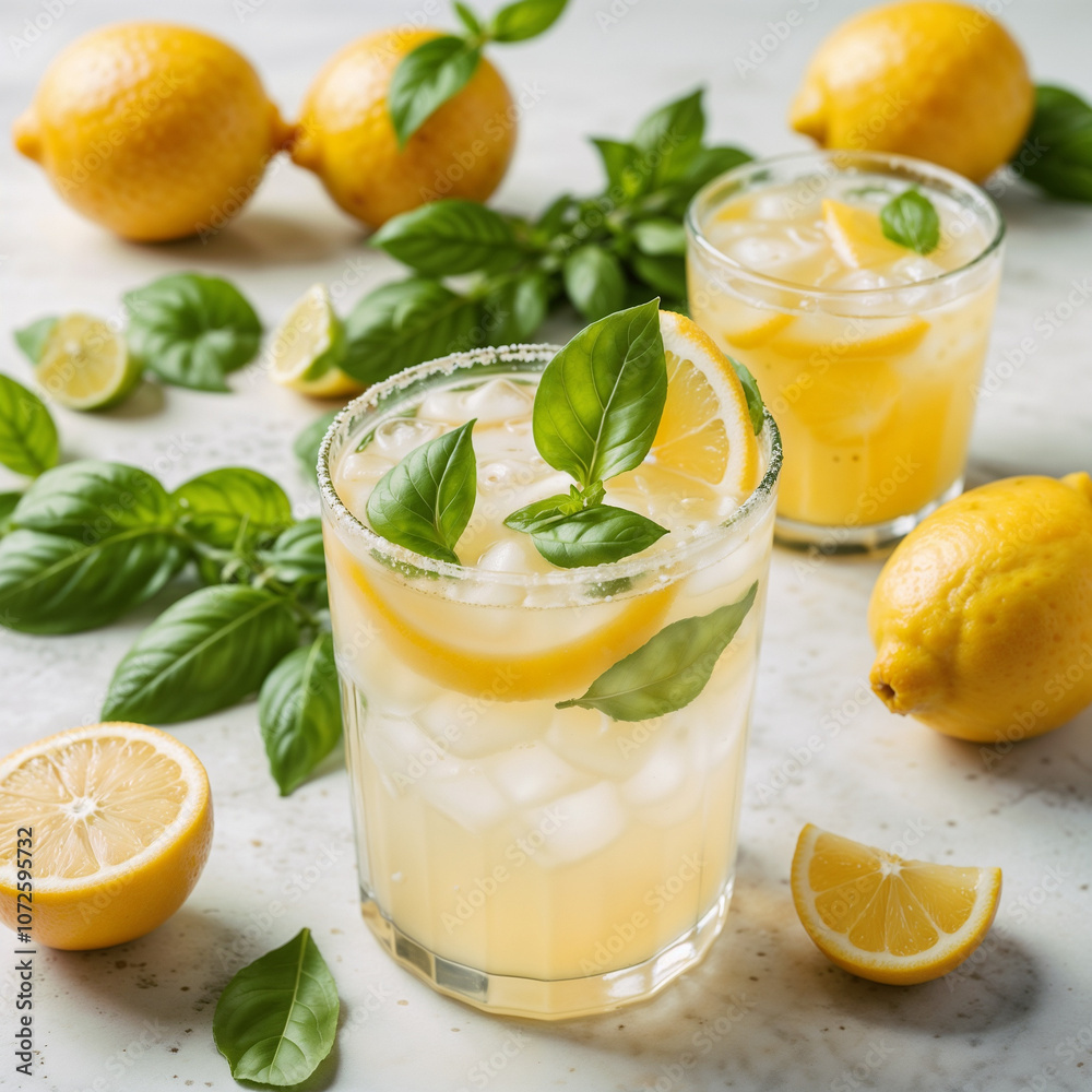 Lemon basil lemonade with fresh lemons and basil leaves on a light marble surface Lemon basil lemonade with fresh lemons and basil leaves on a light marble surface