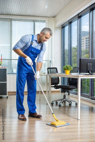 Janitor Mopping Floor In Office