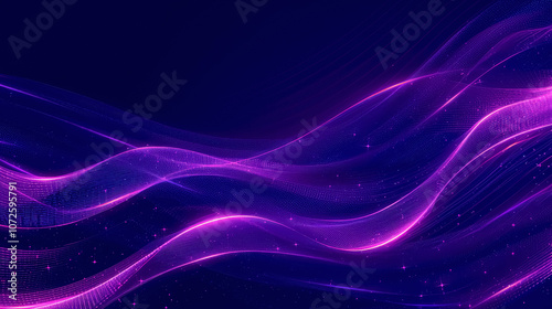 Elegant glowing neon waves on dark purple background with ample copy space