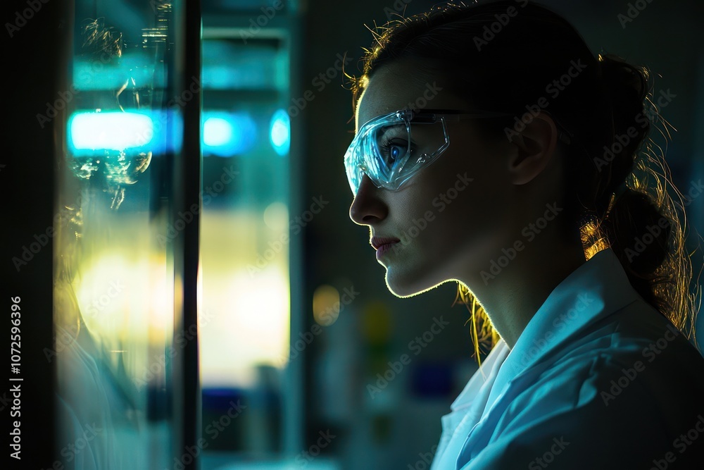 Female doctor conducting advanced medical research in a laboratory illuminated by ambient light, emphasizing precision and innovation