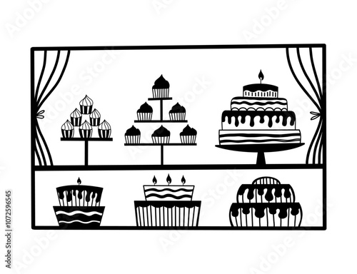 Vector illustration of a bakery counter showcasing a variety of delicious cupcakes and cakes in doodle style