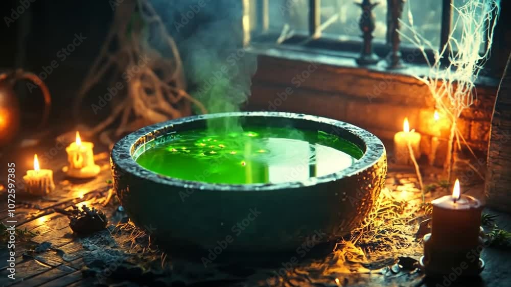 A cauldron of bubbling green potion in a spooky setting A cauldron of bubbling green potion in a spooky setting