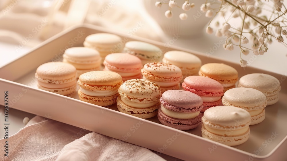 Macarons arranged on a tray with soft, nostalgic colors Macarons arranged on a tray with soft, nostalgic colors
