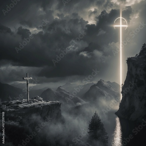 cloudy sky and crosses in the mountain (devine light) photo