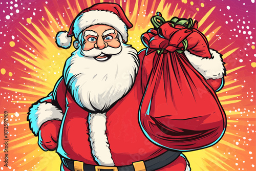 Vibrant Santa Claus Holding Gift Bag in Festive Illustration Vector Wallpaper Graphic - The background is vibrant and full of holiday cheer, capturing the spirit of Christmas and excitement