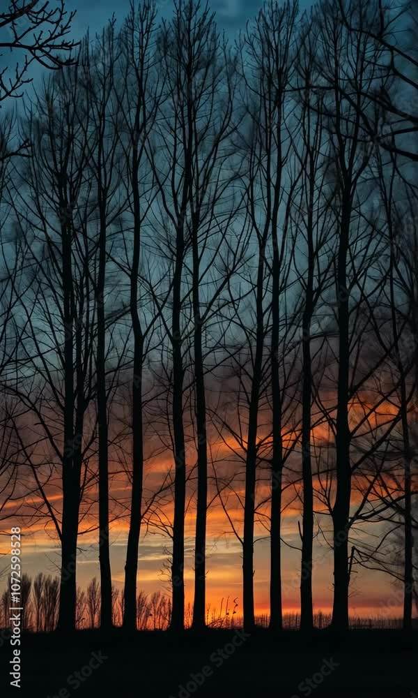 Silhouette of tall trees against a vibrant sunset sky Silhouette of tall trees against a vibrant sunset sky