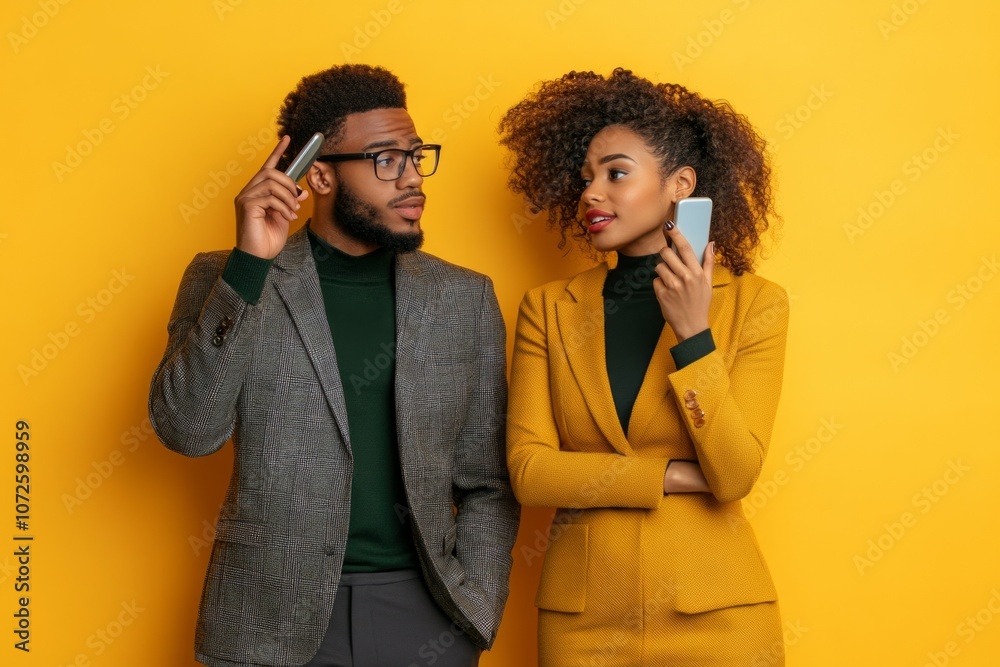 two business people man and woman stand next to each other and communicate on their phones two business people man and woman stand next to each other and communicate on their phones