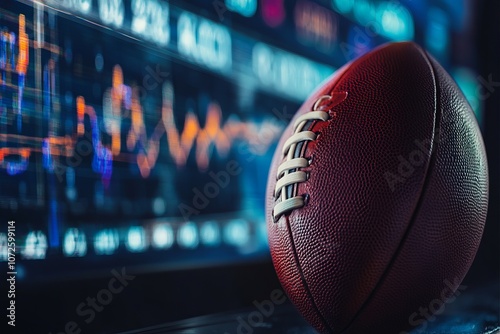 Obraz na płótnie american football ball on the background of a display with analytics and statistics graphs w salonie