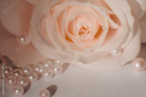 pastel rose pink close up of white rose flower on the table with perls for background wallpaper