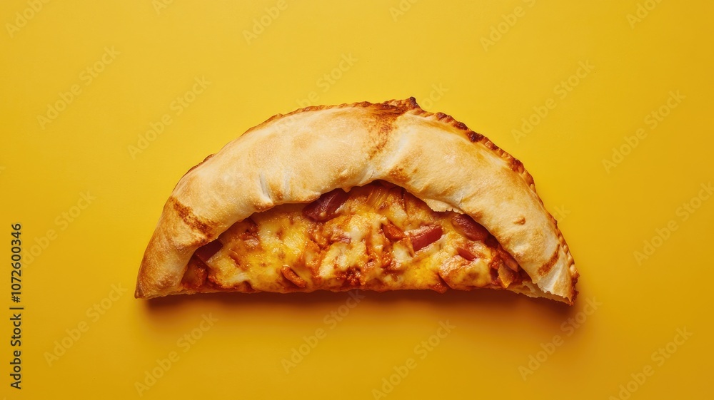 Folded pizza slice with melted cheese and toppings on yellow background Folded pizza slice with melted cheese and toppings on yellow background
