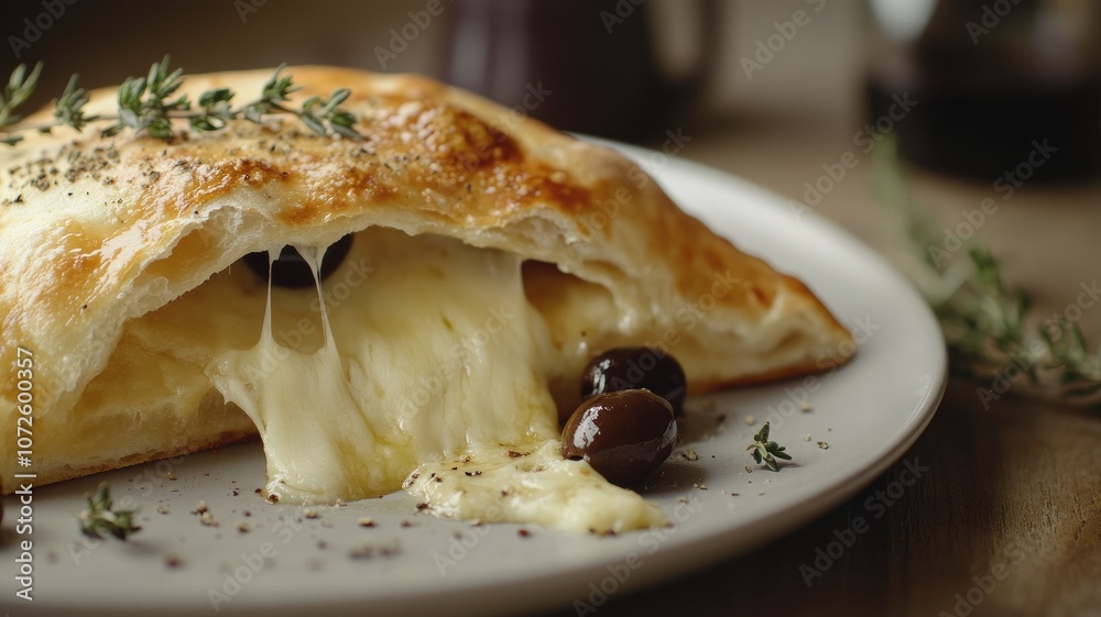 Baked pastry with melted cheese and olives topped herbs on white plate Baked pastry with melted cheese and olives topped herbs on white plate