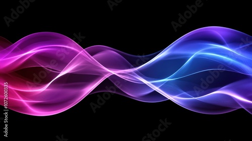 Abstract waves in pink and blue hues create a dynamic visual flow on a black background.