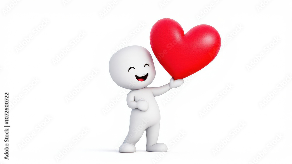 Happy character holding large red heart, expressing joy and love Happy character holding large red heart, expressing joy and love