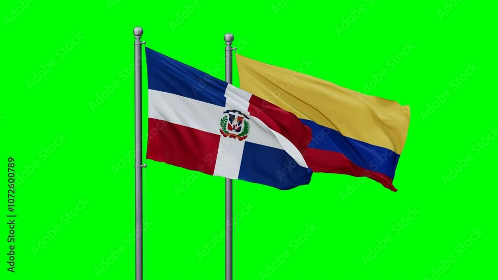 Colombia and Dominican Republic flags flying together, video concept of the relationship with colored chroma key for easy background remove, two country cooperation concept Colombia and Dominican Republic flags flying together, video concept of the relationship with colored chroma key for easy background remove, two country cooperation concept